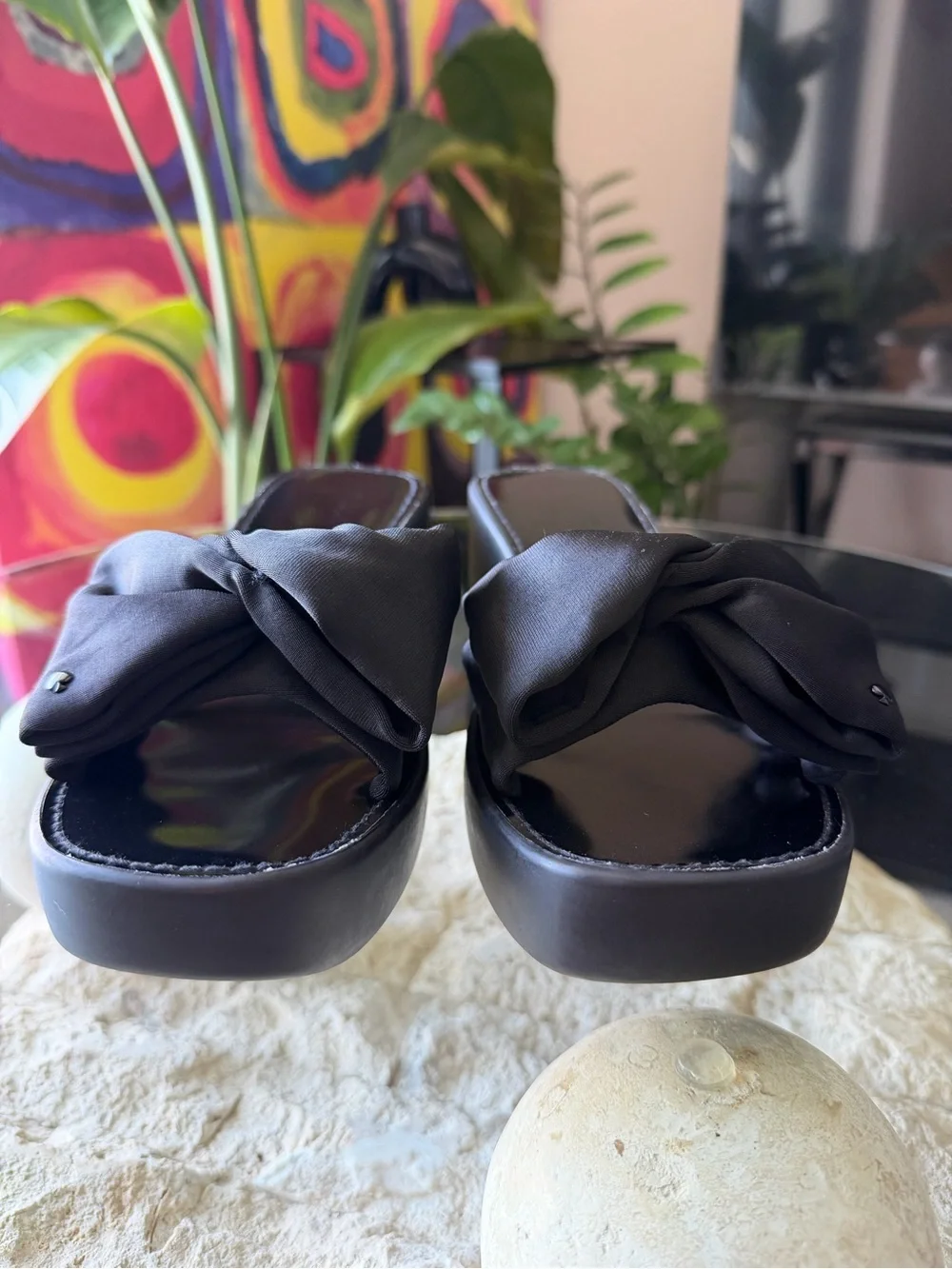 Kate Spade New York Bikini Wedge Platform Slide Sandals Black Bow US 7.5